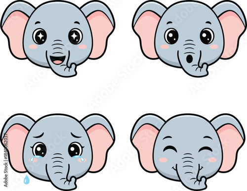 Four cute cartoon elephant heads showing different emotions and expressions.