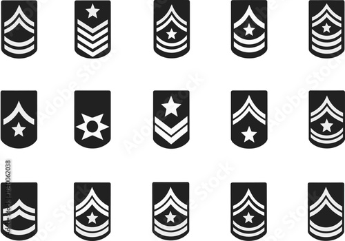 Military rank insignia grid, black and white chevrons, stars and symbols, hierarchy icons, vector design, flat vector illustration