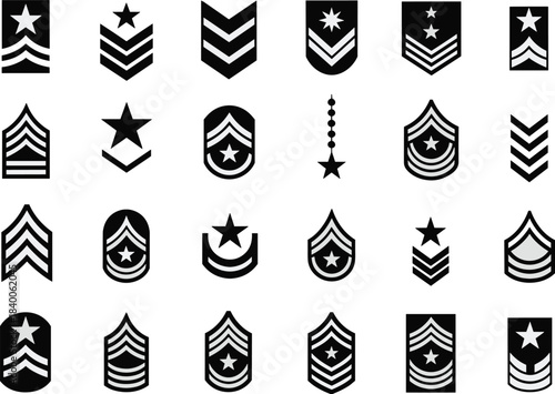 Military rank insignia grid, chevrons and stars, black and white symbols, hierarchy badges, vector icons, flat vector illustration