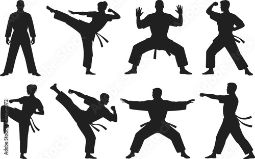 Martial arts silhouettes, karate poses, taekwondo kicks, black uniformed fighters, combat stances, vector icons, flat vector illustration