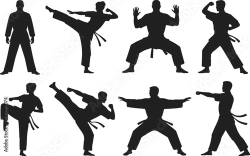 Martial arts silhouette set, dynamic poses, traditional uniform, combat stances, self-defense icons, flat vector illustration