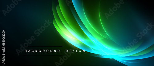 Abstract neon lines create flowing shapes. Dark background emphasizes vibrant green, blue glow. Modern design element.