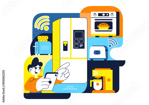 Smart Kitchen Appliances Illustration for Modern Home with Connected Cooking Technology and Innovative Digital Household Devices in a Background