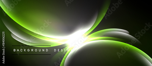 Abstract neon waves, vibrant green hues, dark background. Bright light radiates from center, creating dynamic visual effect. Modern design.