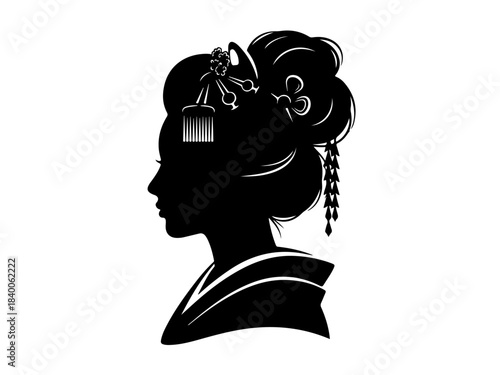 Black silhouette of a traditional Japanese woman in profile with an elaborate hairstyle and hair ornaments, representing Japanese culture.