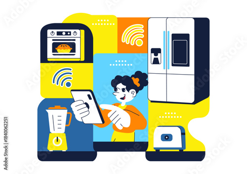 Smart Kitchen Appliances Illustration for Modern Home with Connected Cooking Technology and Innovative Digital Household Devices in a Background