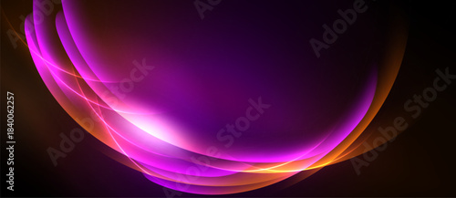 Abstract design features vibrant purple, orange hues. Smooth curves create luminous, flowing effect against dark background.