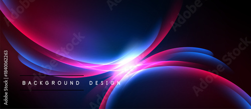 Abstract flowing shapes, vibrant magenta, blue hues. Light burst creates dynamic visual impact. Dark background emphasizes color gradients.