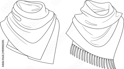 Elegant woman's neck scarf and cozy fringed shawl outline illustration, fashionable winter accessory vector, stylish cold weather apparel sketch, clothing item drawing