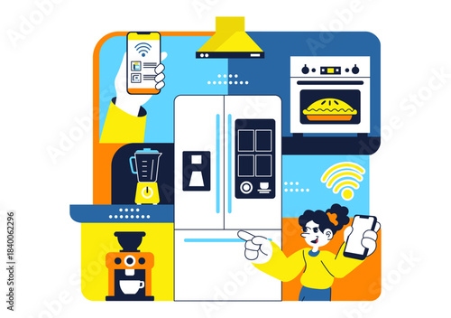 Smart Kitchen Appliances Illustration for Modern Home with Connected Cooking Technology and Innovative Digital Household Devices in a Background
