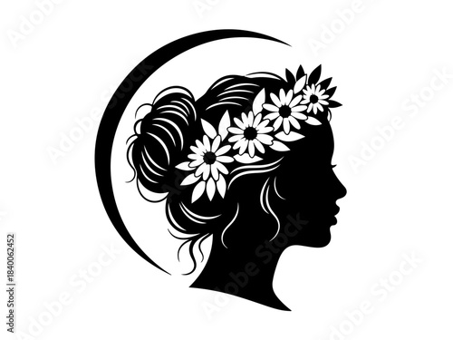Elegant black silhouette of a woman's head in profile with a floral wreath and crescent moon.