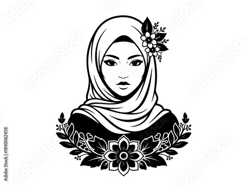 Elegant black and white illustration of a woman wearing a hijab with floral decorations.