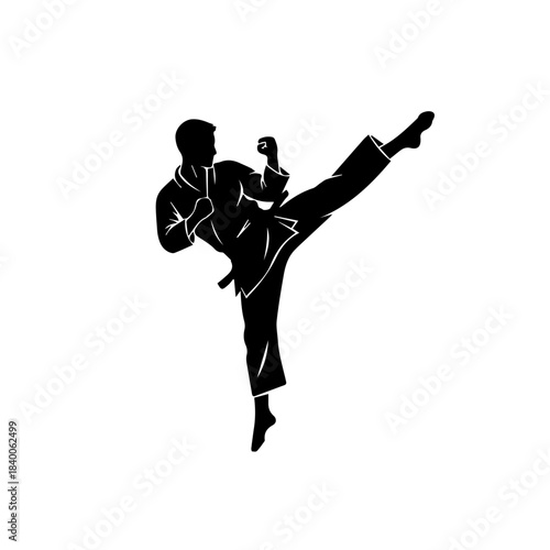 A black silhouette icon of a martial arts or karate practitioner in a dynamic pose, executing a powerful high side kick with full extension.