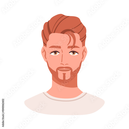 Man avatar, head portrait. Handsome young male face with neat beard, haircut, hairstyle. Well-groomed person with modern hair style, user profile. Flat vector illustration isolated on white background