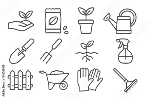 Line Art Icons of Gardening Tools and Plants seedling