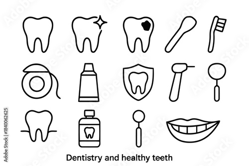 Line Art Icons Related to Dentistry and Oral Hygiene