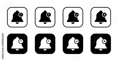 Notification Bell Icons with Different Symbols Keywords: notification, bell, icon, symbol, set, collection, alert, message, reminder, information, warning, checkmark, success, error, cancel