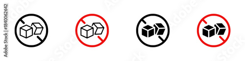 No sugar icons with crossed out sugar cubes in black and red circles Keywords: no sugar, sugar cubes, icon, symbol, prohibition, warning, diet, health, food, drink, restriction, forbidden