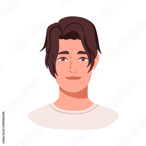 Young man, face avatar. Modern male character head with trendy hairstyle, stylish haircut. Handsome guy with hair style, user profile. Flat vector illustration isolated on white background