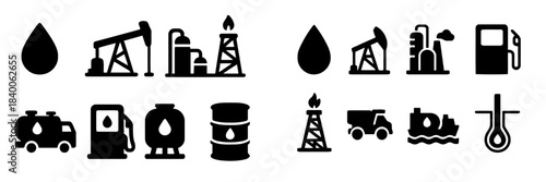 Oil and Gas Industry Icons in Black and White Keywords: oil, gas, industry, oil drop, pump jack, refinery, oil rig, gas station, tanker truck, fuel barrel, ship, thermometer, energy