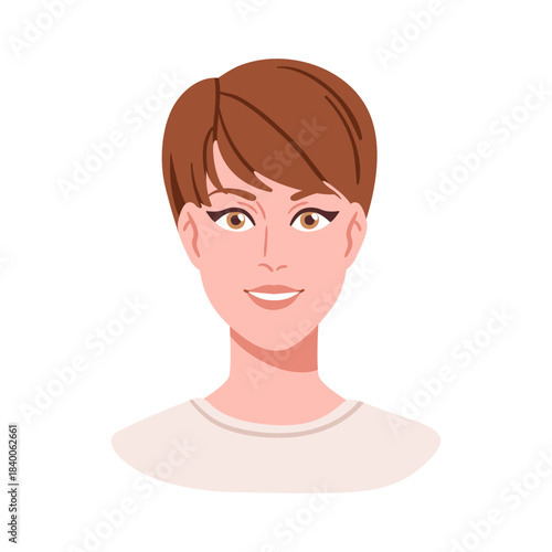 Female avatar, head portrait. Friendly smiling young woman with short hair style, haircut. Pretty attractive girl face, modern user profile. Flat vector illustration isolated on white background