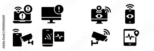 Security and Surveillance Technology Icons with Cameras and Alerts