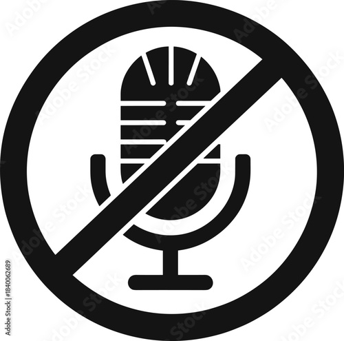 Muted microphone icon with slash and circle, audio off symbol, sound restriction concept, flat vector illustration