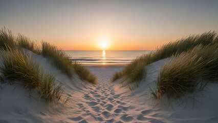 Keuken achterwand Strand zonsondergang Zandpad door duinen naar de zee  © Design LL