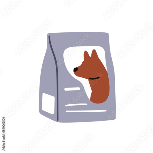 Dog food package, bag. Dry nutrition. Canine snack product, eating product packed in pouch. Feed for doggies, puppies, pedigree pets. Flat vector illustration isolated on white background