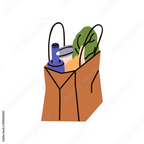 Groceries in paper bag. Food produce, supermarket products, purchase in package. Retail store and market shopping with bottle, vegetables. Flat vector illustration isolated on white background