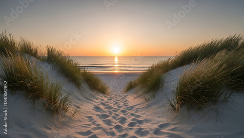 Sandy beach path leading to ocean at sunset dunes grass