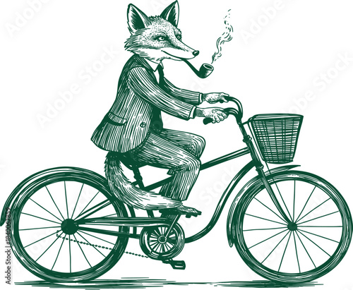 Vintage drawing of sophisticated anthropomorphic fox riding bicycle, gentleman animal in tweed suit smoking pipe, retro style engraving illustration