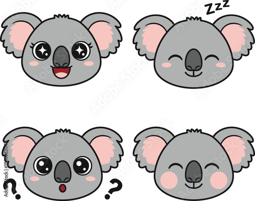 Four cute cartoon koala faces showing different emotions like happiness, sleepiness, surprise, and contentment.