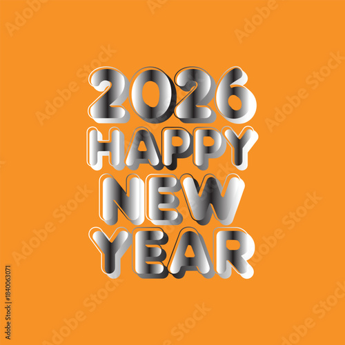 3D Metallic Happy New Year 2026 Typography on Orange Background