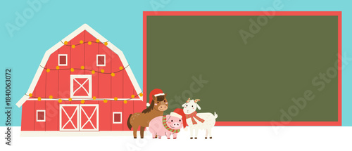 Christmas farm background with farmhouse and horse, pig and goat in santa hat. Cartoon vector xmas template for children's designs. Green boards with farm elements. Kids school domestic animals.