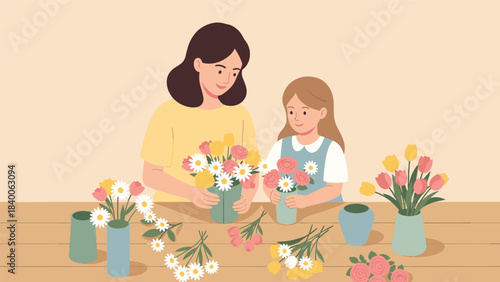 Mother and Daughter Arranging Flowers Together, Bonding Activity at Home.eps