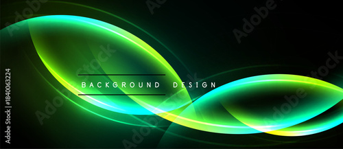 Abstract neon lines create flowing shapes. Dark background emphasizes bright green, yellow curves. Modern design element.