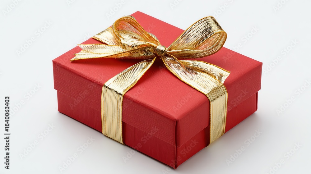 Obraz premium A red gift box with a gold bow, a Christmas present.