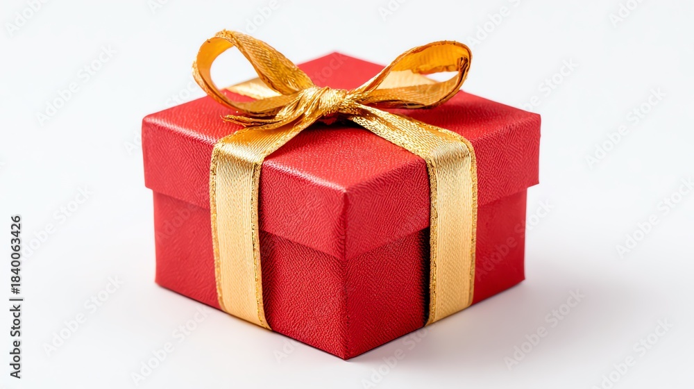 Obraz premium A red gift box with a gold bow, a Christmas present.