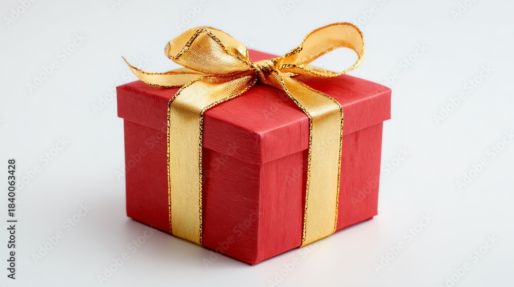 Fototapeta premium A red gift box with a gold bow, a Christmas present.