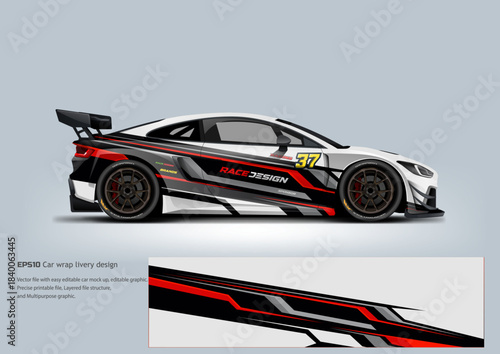 Sporty elegant black, grey, red sporty gt3 car wrap livery design vector. editable mock up and graphic include. ready print for decal, vinyl.