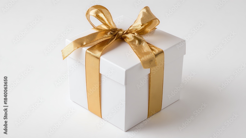 Obraz premium A white gift box with a gold bow, a Christmas present.
