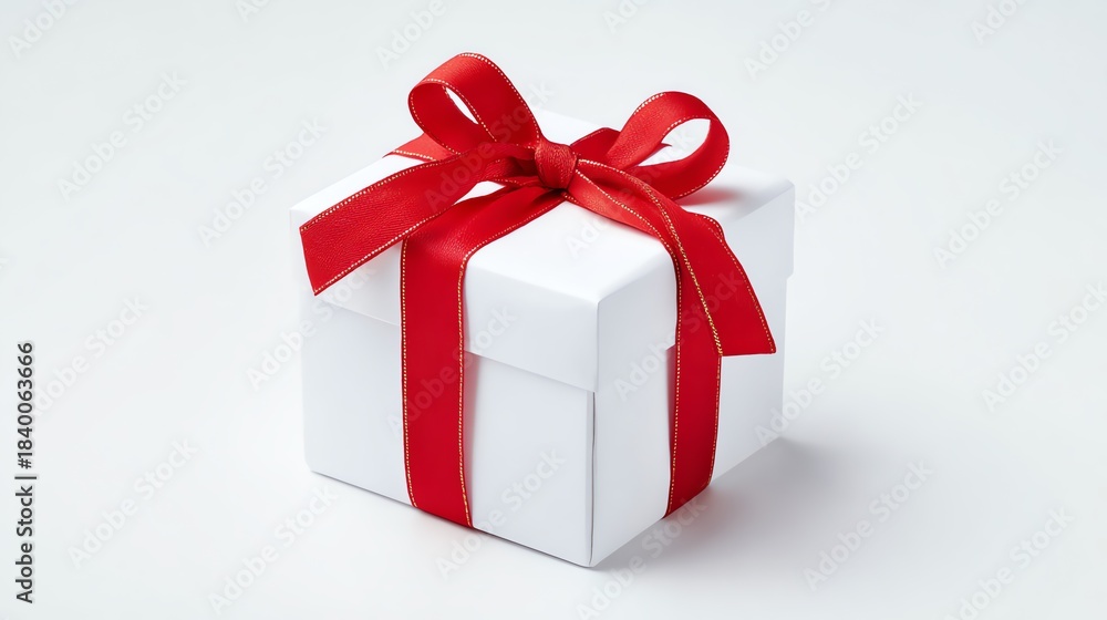 Fototapeta premium A white gift box with a red bow, a Christmas present.