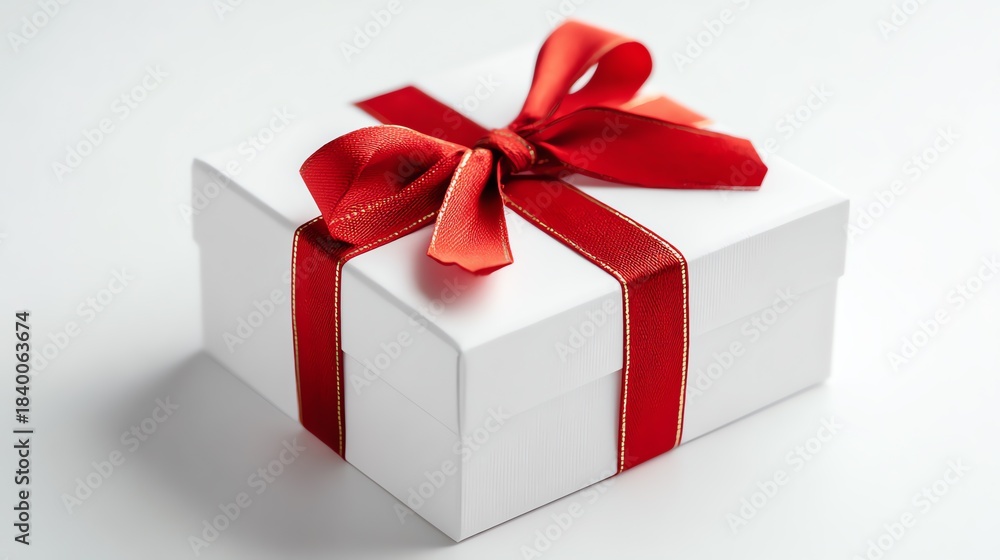 Fototapeta premium A white gift box with a red bow, a Christmas present.
