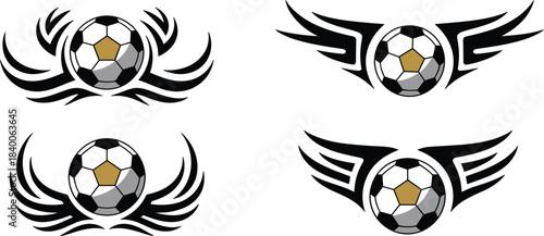 Set of four soccer ball and wing logo designs, tribal style sport emblems vector, championship game icon collection, dynamic football tournament mascot