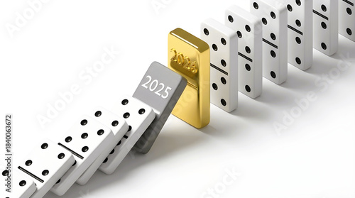 2005-2026 transition Domino Effect with Golden Block: Conceptual 3D render showing 2025 domino stopped by a golden block, representing resilience and strategic success in 2026.