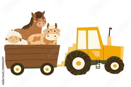 Kids tractor with farm animals in a cart. Funny horse, cow and sheep. Vector cartoon illustration isolated on transparent background in a vector file. Cute domestic animals in a farm transport.