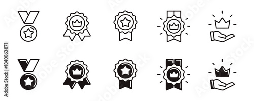 Set of Award and Achievement Icons with Crowns and Stars Keywords: award, badge, ribbon, medal, star, crown, success, achievement, winner, first place, prize, competition, recognition