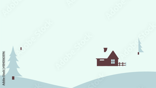 Minimal Winter Cabin Vector Landscape with Snowy Hills Soft Pastel Trees and Peaceful Seasonal Scenery