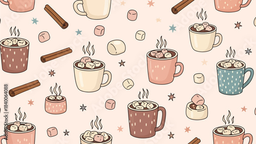 Cute Hot Cocoa Seamless Pattern Vector with Marshmallows Cinnamon Sticks Stars and Cozy Winter Elements